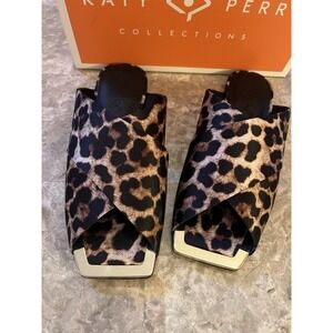 Checked In Slide Sandal Shoe Sz 8 Leopard‎ Print Satin Gold NEW Women Katy Perry